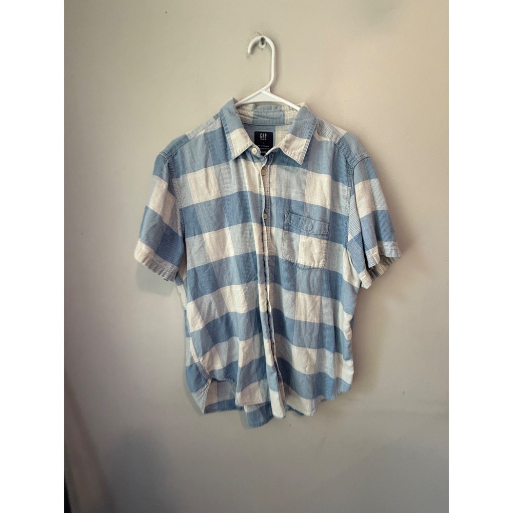 Gap Denim Mens Blue White Buffalo Plaid Seersucker Short Sleeve Shirt Large